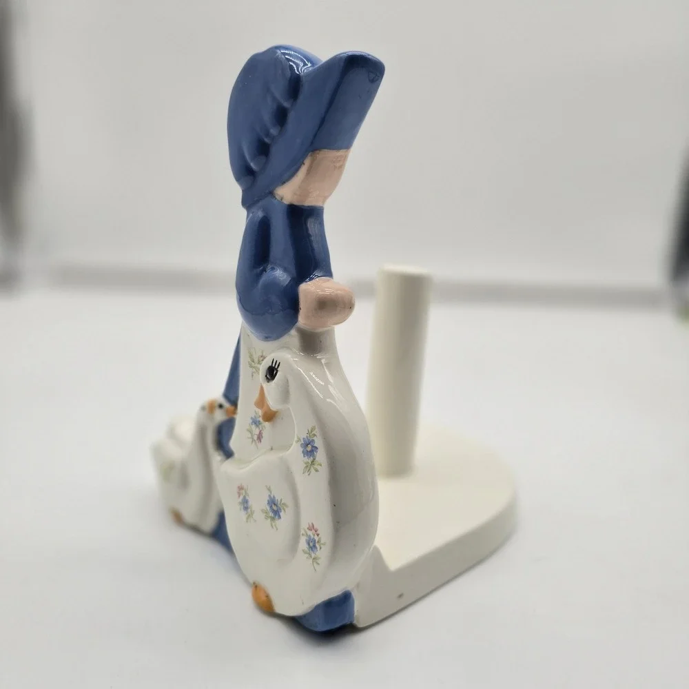 Vtg Cottagecore‎ Ceramic Duck Goose Paper Towel Roll Holder Stand Blue Bonnet